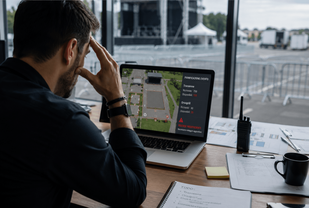 Un organizzatore di eventi e concerti live alla scrivania con un problema di organizzazione, Il noleggio orsogrill e transenne di P.I. Service risolve quel problema